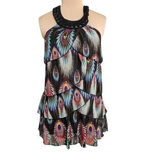 XXI Peacock Layered Tunic Beaded High Neck Top Small Fairy Retro Glam Feather